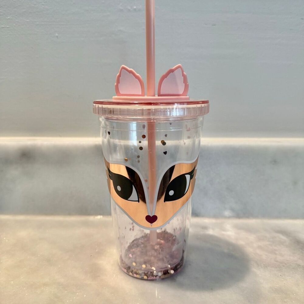 NWT Rare Justice Fox Double Walled Sparkly Sequin Tumbler Cup With Straw Pink OS